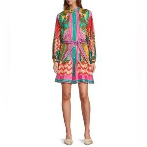 Antonio Melani-Brynn Printed Cotton Voile Mock Neck Long Sleeve Drop Waist Dress